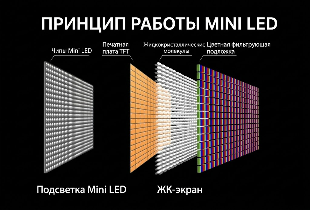 Схема работы Mini LED: слои экрана